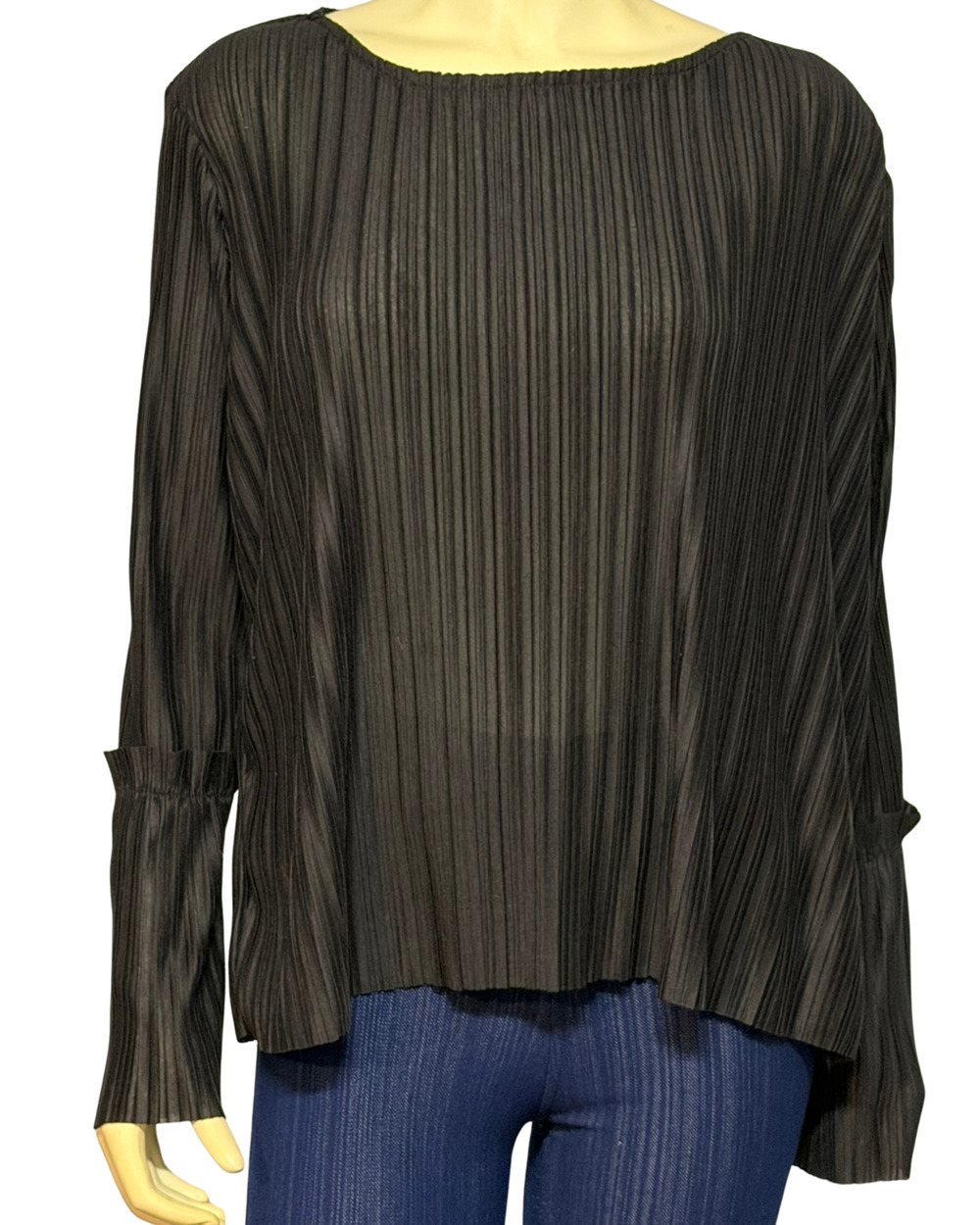 Marled Sz L Black Satin Accordion Pleated Blouse Bell Sleeves Soft Glam New